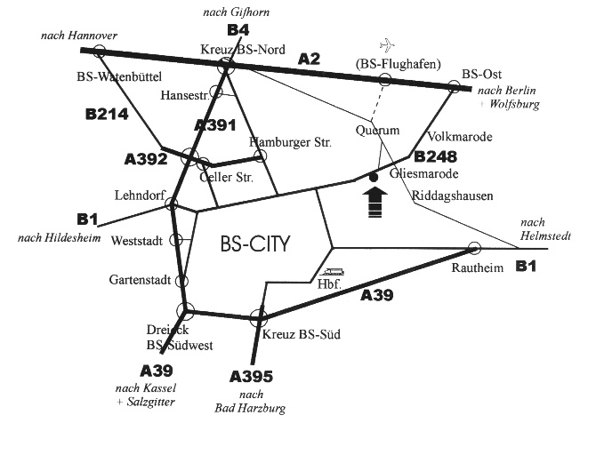 Anfahrtsskizze: Anfahrt aus Hannover, Hildesheim, Peine, Salzgitter, Goslar, Bad Harzburg, Wolfenb&uuml;ttel, Helmstedt, Wolfsburg, Gifhorn, Celle, Magdeburg oder Berlin